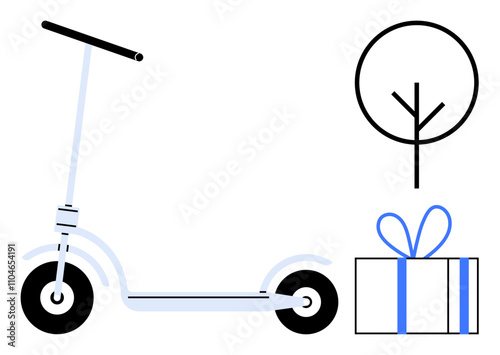 A scooter, a minimalistic tree, and a gift box with a blue ribbon symbolize sustainable living and thoughtful gift-giving. Ideal for eco-conscious living, transportation, outdoor activities, gifting