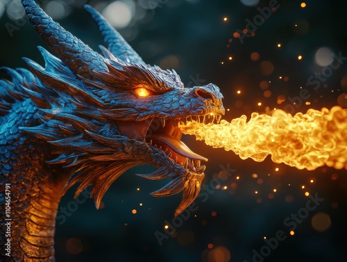 Close-up of a dragon s fiery breath effect focus on, heat of tradition, ethereal, Composite, theatrical stage backdrop photo