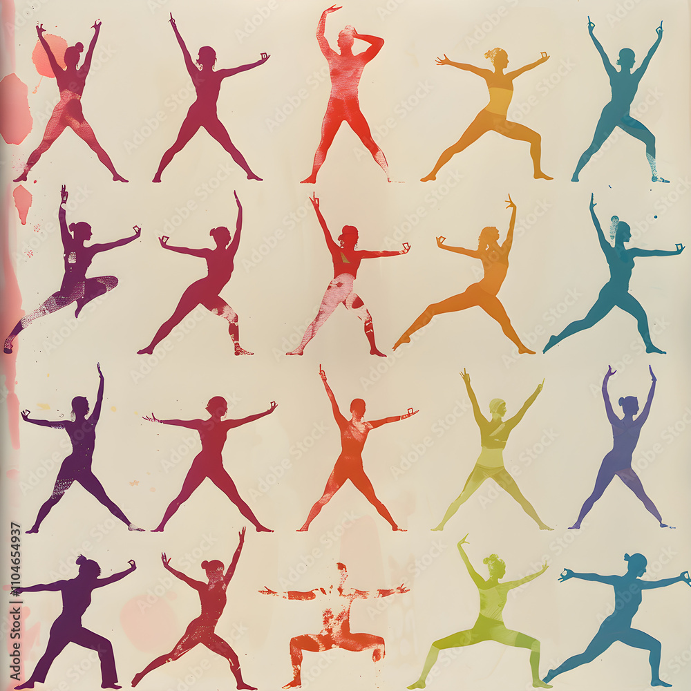 Dynamic Display of Silhouette Figures in Diverse Tranquil Yoga Poses on Pastel Backdrop Dynamic Display of Silhouette Figures in Diverse Tranquil Yoga Poses on Pastel Backdrop
