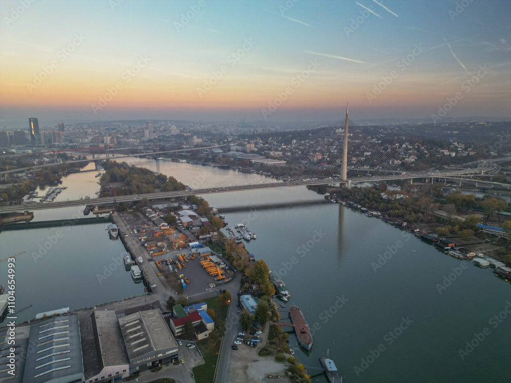 Obraz premium Bridge over Ada, Belgrade - aerial drone view, Serbia