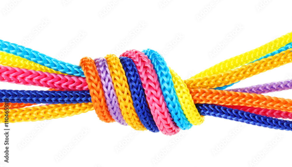 Colorful ropes tied in knot isolated on white. Unity concept Colorful ropes tied in knot isolated on white. Unity concept