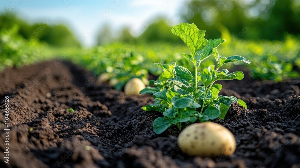 Here's a and keyword list suitable for a stock photo site, attempting to adhere to all instructions... Young potato plants growing in a fertile field. Here's a and keyword list suitable for a stock photo site, attempting to adhere to all instructions... Young potato plants growing in a fertile field.