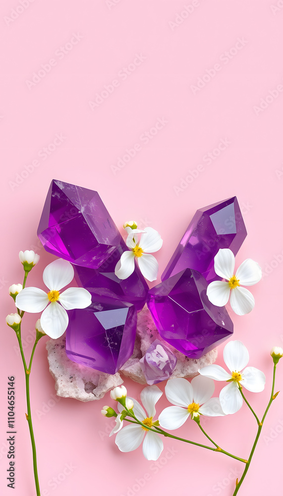 amethyst minerals set and white flowers close up on abstract light pink background. gemstones for esoteric spiritual practice, Crystal Ritual, Witchcraft. top view. copy space. template for design i amethyst minerals set and white flowers close up on abstract light pink background. gemstones for esoteric spiritual practice, Crystal Ritual, Witchcraft. top view. copy space. template for design i