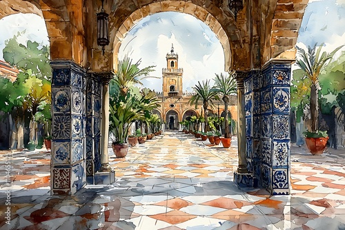 Watercolor Painting of a Courtyard with Moorish Architecture and Lush Greenery.