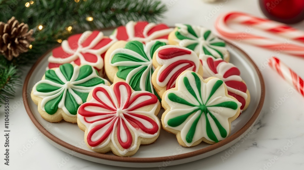 Delicious Christmas cookies decorated with red and green icing. Delicious Christmas cookies decorated with red and green icing.