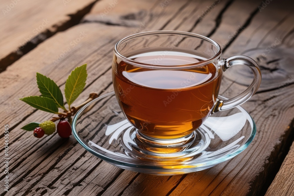 clear glass cup tea with steam hot , with peppermint leave placed on side 