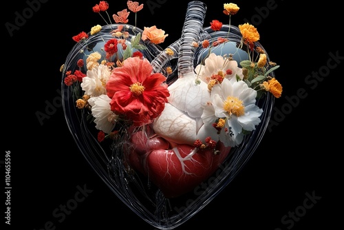 Floating flowers create a vibrant display in a crystal anatomic heart surrounded by a dark background