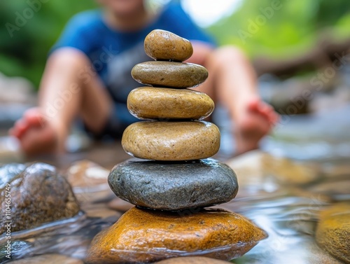 Children balancing on stones in a stream selective focus, playful adventure, surreal, Silhouette, forest stream backdrop photo