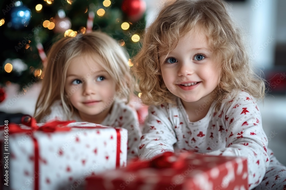 Holiday eagerness: children sitting closely by twinkling tree, soft glow from ornaments creating cozy atmosphere, filled with joyous whispers, dreams of gifts on magical Christmas morning. Holiday eagerness: children sitting closely by twinkling tree, soft glow from ornaments creating cozy atmosphere, filled with joyous whispers, dreams of gifts on magical Christmas morning.