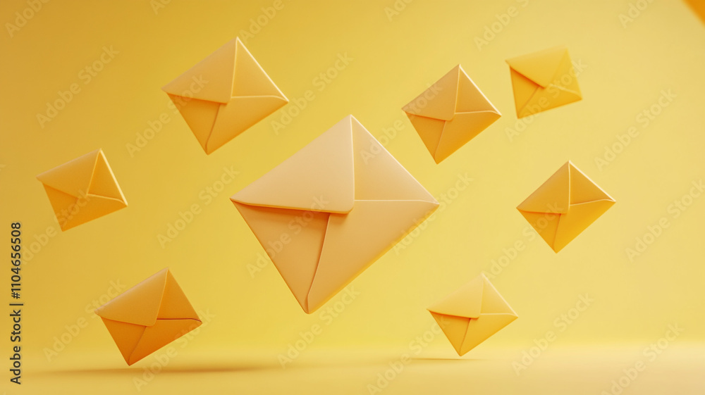 Floating yellow envelopes create a bright and cheerful atmosphere in creative design Floating yellow envelopes create a bright and cheerful atmosphere in creative design