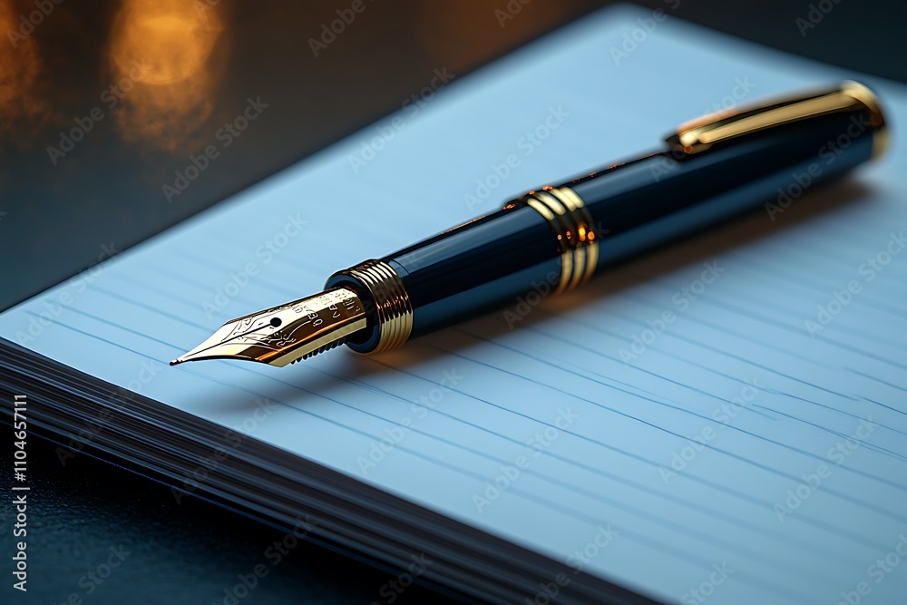 A fountain pen resting on lined paper, ready for writing. A fountain pen resting on lined paper, ready for writing.