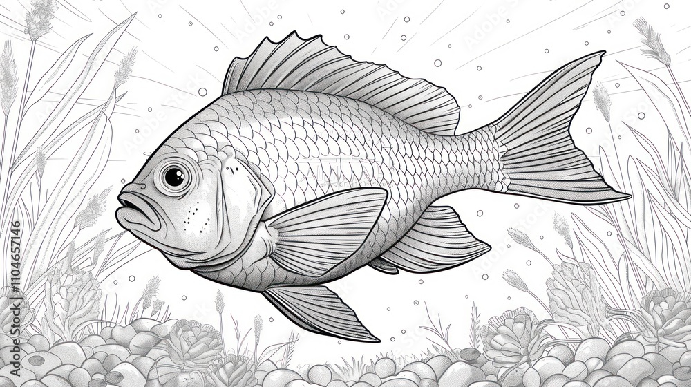 Fototapeta premium Monochrome illustration of a fish swimming in aquatic plants.