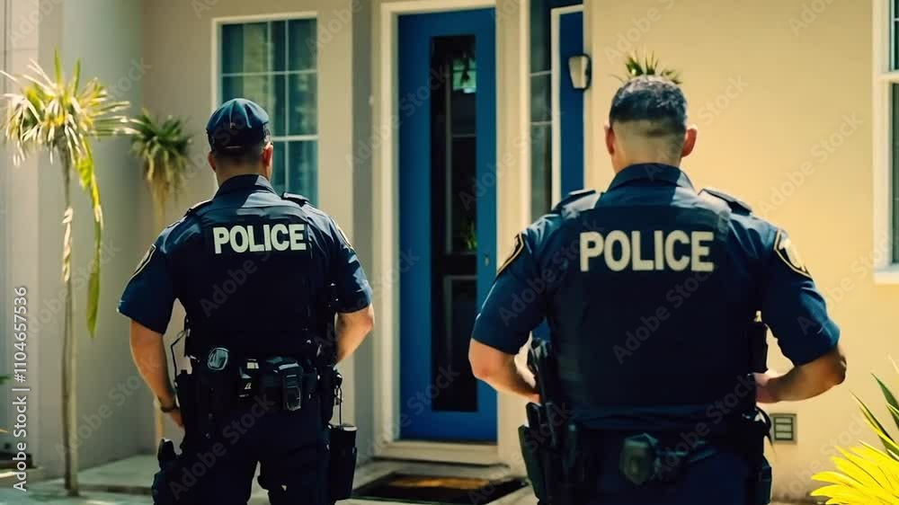 Police officers in front of a house for investigation Police officers in front of a house for investigation