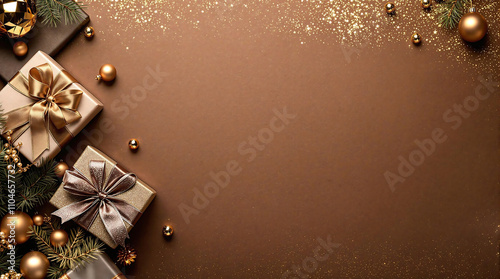 Christmas background with gift boxes wrapped in gold and brown paper, decorated with ribbons and ornaments on a brown background. Perfect for holiday cards, banners, or festive-themed projects.