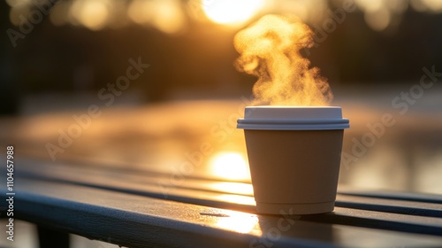 Steam Rising from a Warm Coffee Cup on a Wooden Bench Amidst a Glowing Sunset, Creating a Cozy and Inviting Atmosphere for a Relaxing Evening photo