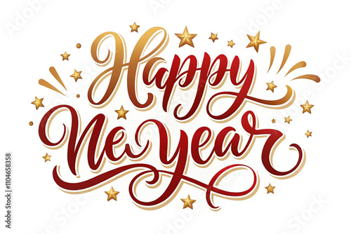 Elegant red and gold Happy New Year calligraphy with stars.