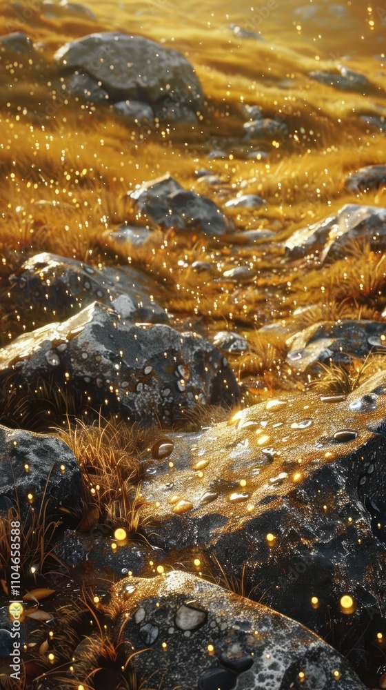 Golden light sparkles on wet rocks and grass. Golden light sparkles on wet rocks and grass.