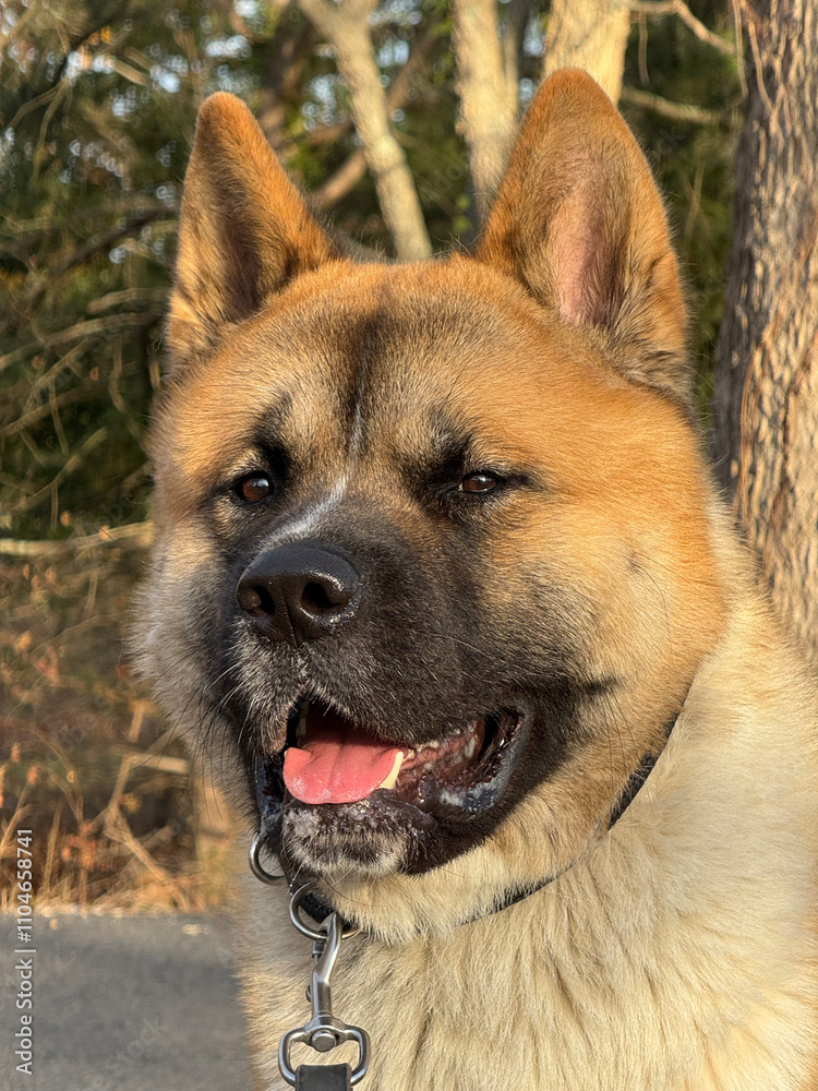 Portrait of American Akita dog with mouth open and happy smile. Portrait of American Akita dog with mouth open and happy smile.