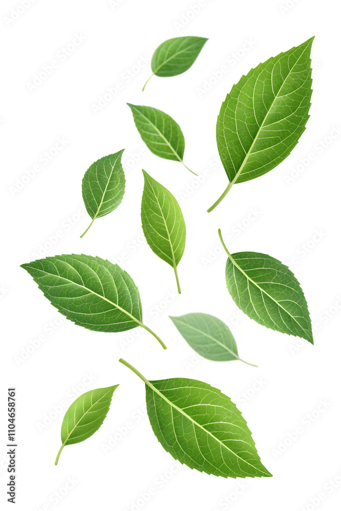 Green leaves are floating in the air., isolated on a transparent background Green leaves are floating in the air., isolated on a transparent background