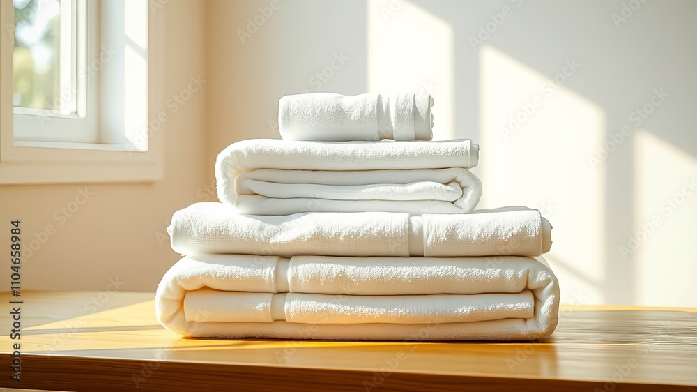 A stack of fresh, fluffy white towels sits on a light wood surface, bathed in sunlight near a window. A stack of fresh, fluffy white towels sits on a light wood surface, bathed in sunlight near a window.