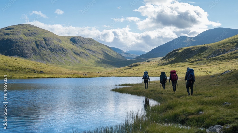 Hikers with backpacks walking along a serene mountain lake, enjoying scenic landscape. Hikers with backpacks walking along a serene mountain lake, enjoying scenic landscape.