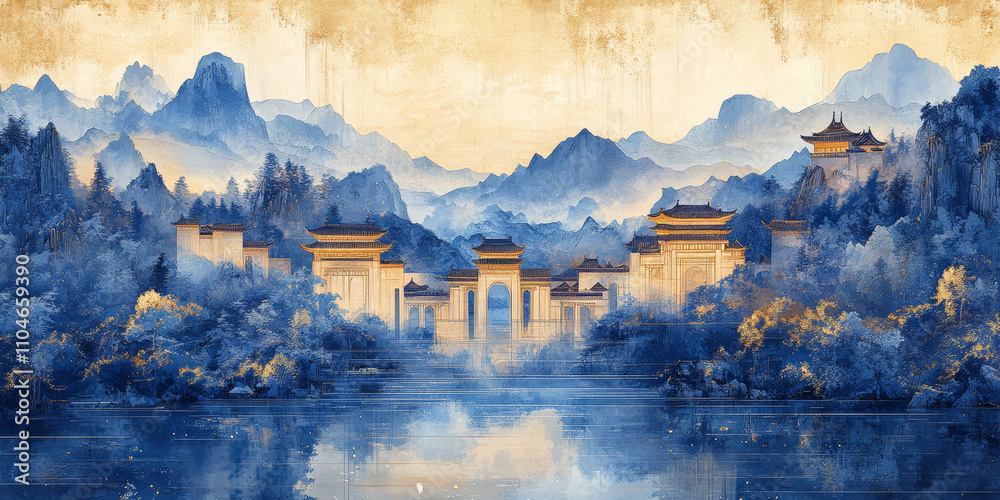 Fototapeta premium Traditional Chinese style of minimalist landscape painting art background