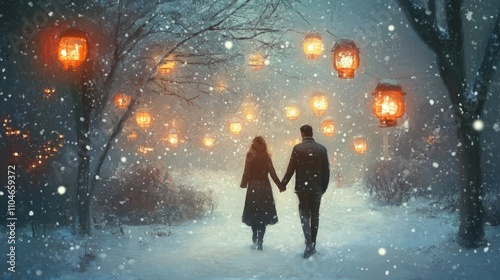 Couple walking hand-in-hand down a snow-covered path, illuminated by warm lanterns.