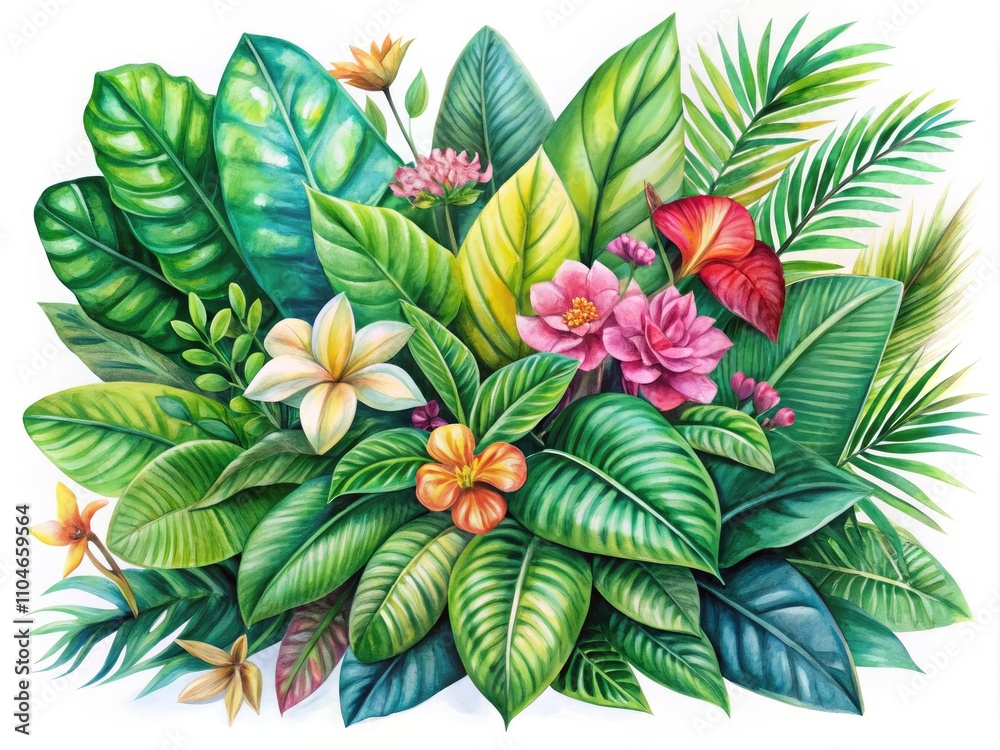 Obraz premium Botanical Watercolor Illustration of a Green Plant with Flowers and Broad Leaves