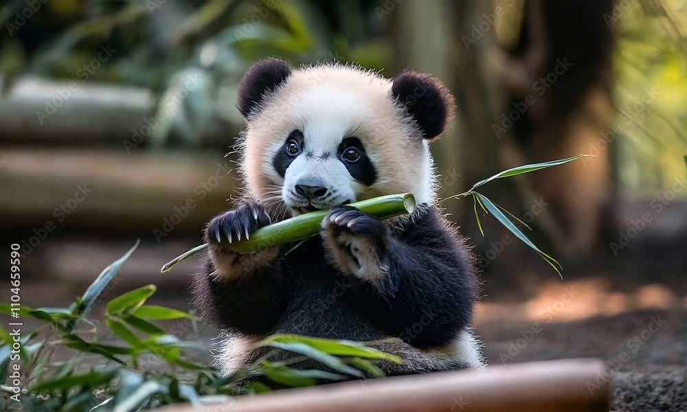 A baby panda holds a stalk of bamboo in its paws and eats with focus. A baby panda holds a stalk of bamboo in its paws and eats with focus.