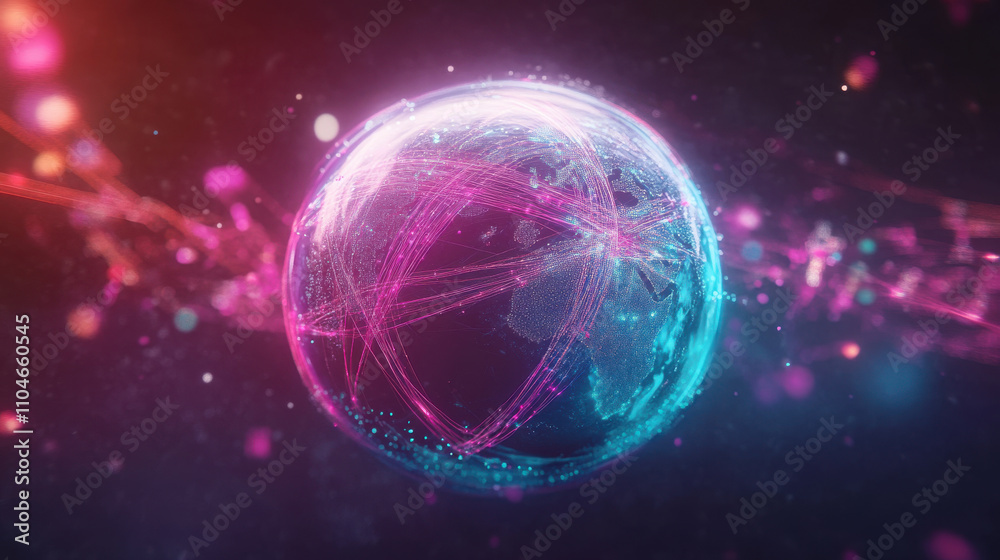 3D rendering of planet with colorful fiber optics and glowing lights 3D rendering of planet with colorful fiber optics and glowing lights