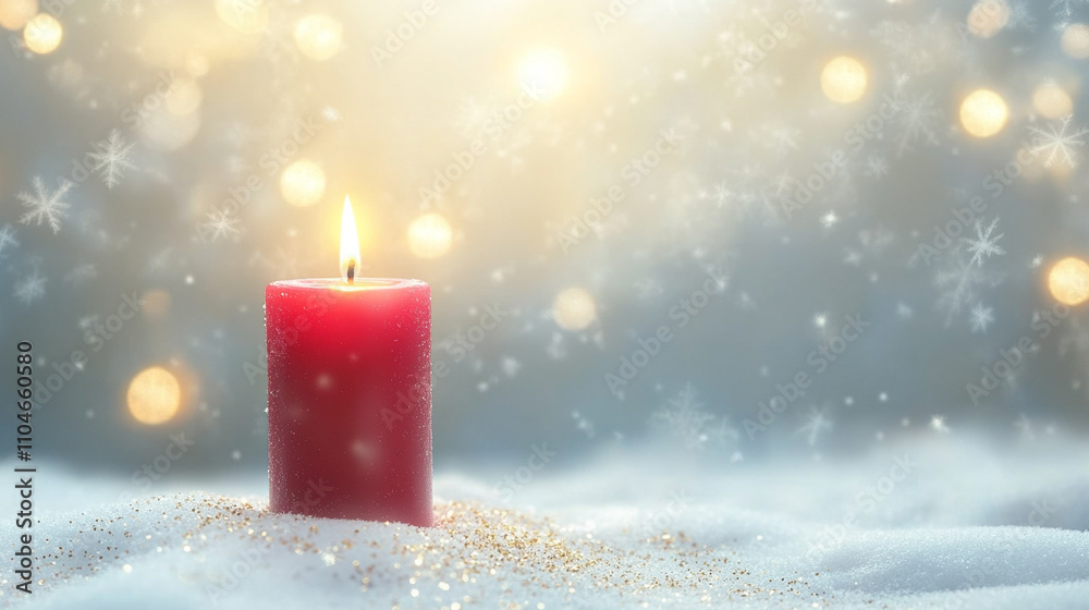 Christmas background, red candle, snow in winter Christmas background, red candle, snow in winter