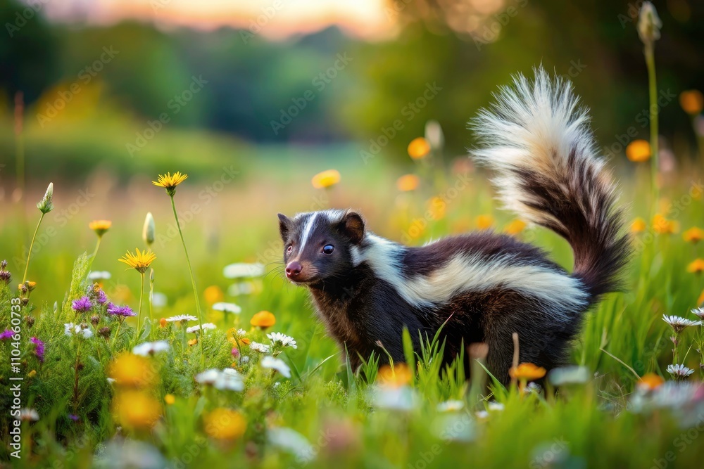 Captivating Scene of a Juvenile Skunk Foraging in a Texas Pasture Under a Clear Sky Captivating Scene of a Juvenile Skunk Foraging in a Texas Pasture Under a Clear Sky