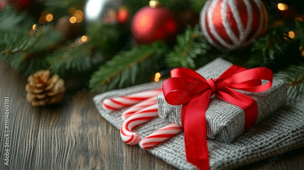 Christmas gift wrapped in gray fabric with a red ribbon, candy canes, and pine branches. Christmas gift wrapped in gray fabric with a red ribbon, candy canes, and pine branches.
