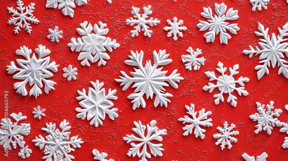 This holiday themed design features a red backdrop with detailed white snowflakes and a stylishly designed paper cut Christmas tree. The geometric pattern in the center adds a modern touch. This holiday themed design features a red backdrop with detailed white snowflakes and a stylishly designed paper cut Christmas tree. The geometric pattern in the center adds a modern touch.