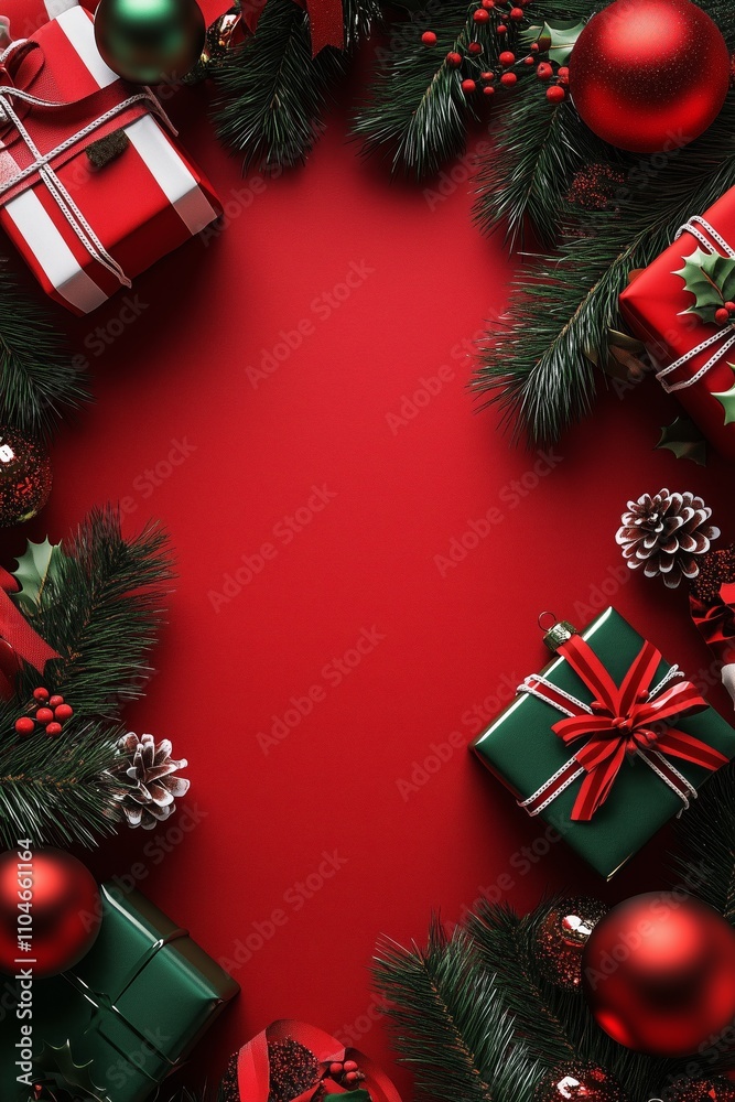 Elegant vertical Christmas scene Red background, Christmas decorations, gifts and ornaments creating a festive holiday atmosphere Elegant vertical Christmas scene Red background, Christmas decorations, gifts and ornaments creating a festive holiday atmosphere
