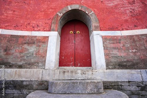 Wooden Gate on Tibetan Diaolou in the Four Great Regions Scenic Area of Summer Palace in Beijing