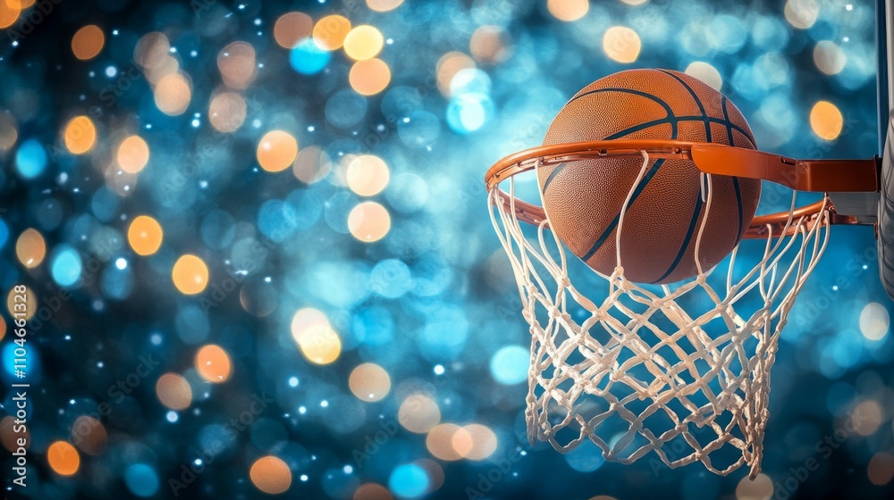 Basketball background. basketball ball flying into the basket with bright blue lights in the background Basketball background. basketball ball flying into the basket with bright blue lights in the background