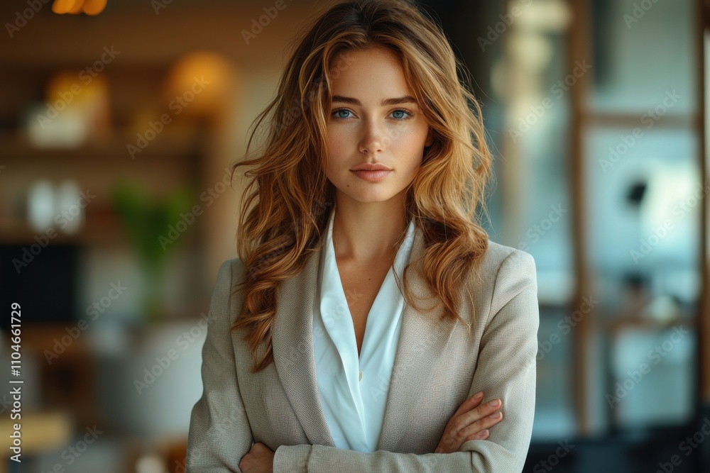 A woman with long brown hair and a tan jacket is standing in front of a wall. Generative AI