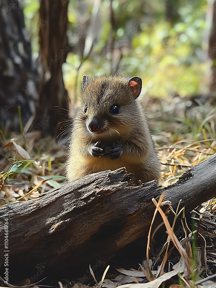 Obraz premium cute quokka baby sits on log in lush forest, surrounded by greenery and soft sunlight. This adorable creature captures essence of nature beauty and tranquility