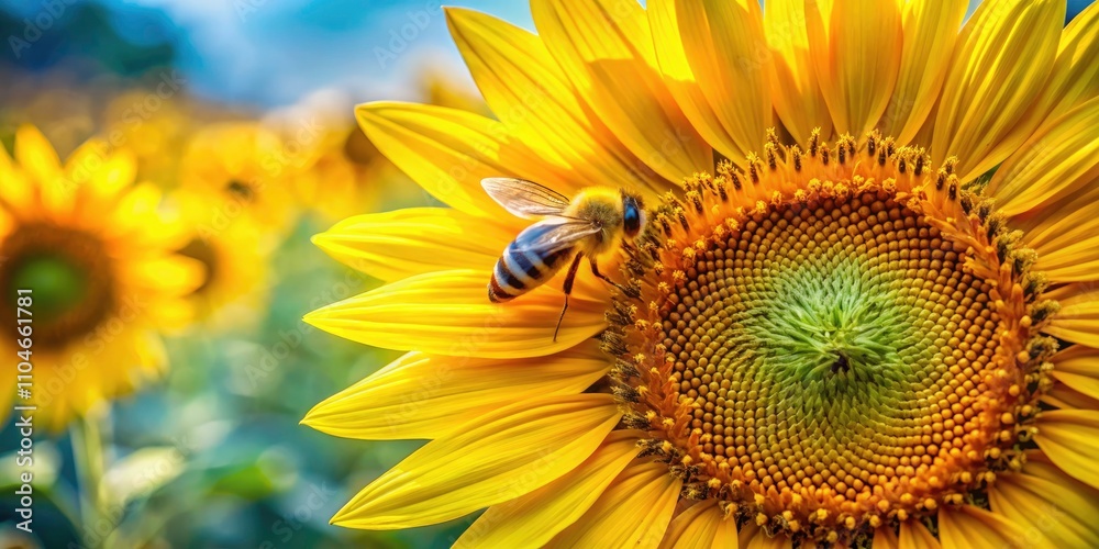 Fototapeta premium Close-Up of Vibrant Sunflower with Bee Collecting Nectar â€“ Nature's Pollination Beauty in a Garden Bloom