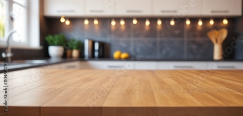 blurred modern kitchen interior with dark wall, sleek furniture, wooden accents, and a dining table near a large glass window in a stylish home