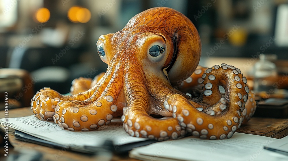 Naklejka premium A Curious Octopus Rests On Papers Nearby