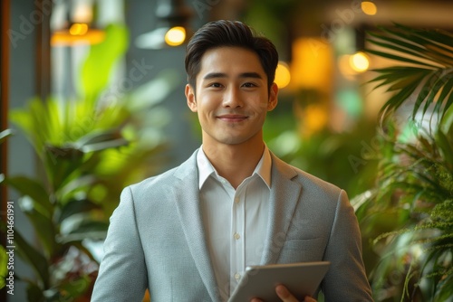 A man wearing a suit and holding a tablet. Generative AI