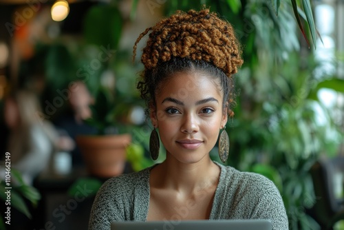 A woman with brown hair and brown eyes is sitting at a table with a laptop. Generative AI