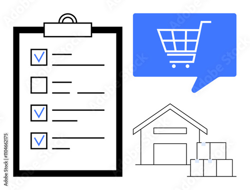 Checklist with marked items, shopping cart in speech bubble, and warehouse with stacked boxes. Ideal for inventory management, e-commerce, online shopping, logistics planning, order fulfillment