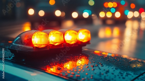 Close-up of flashing lights on the roof of an ambulance of the emergency medical service on the road against fire engines. Themes of rescue, accidents and disasters