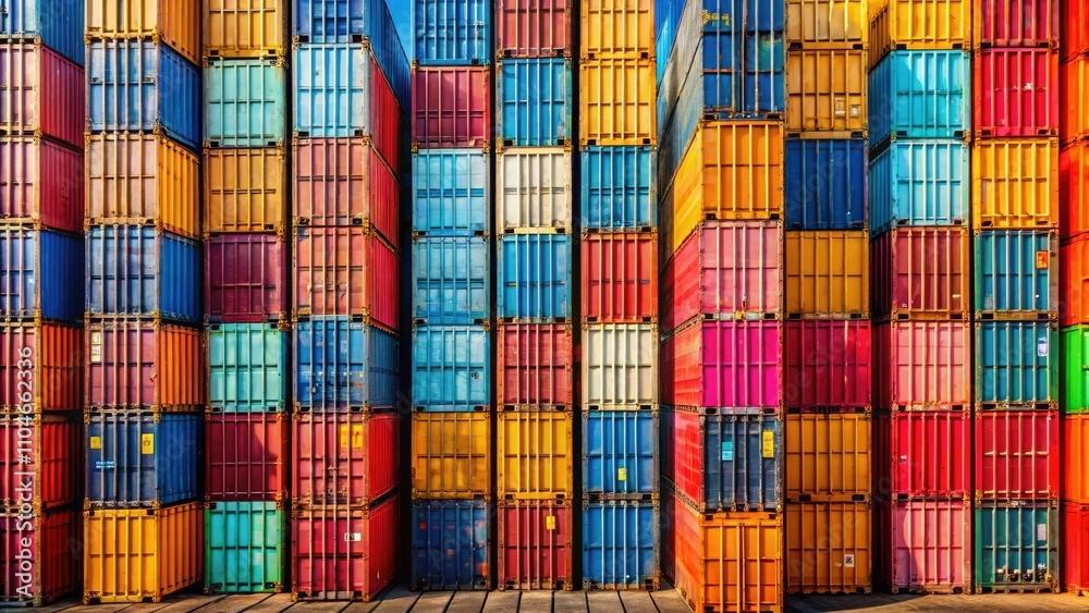 Obraz premium Colorful Stacked Shipping Containers in Rows â€“ Urban Exploration Photography with Vibrant Hues, Industrial Aesthetics, and Geometric Patterns in an Urban Setting
