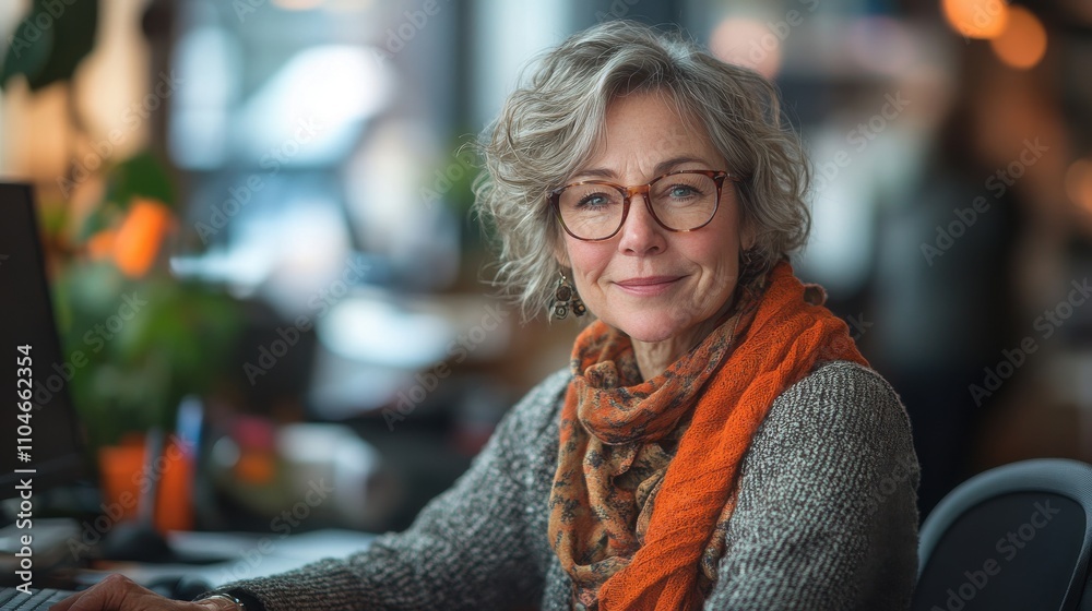 A woman with glasses and an orange scarf is sitting at a desk and smiling. Generative AI A woman with glasses and an orange scarf is sitting at a desk and smiling. Generative AI