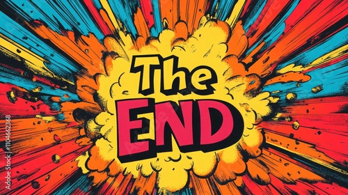 Comic style "The End" message with vibrant explosion design