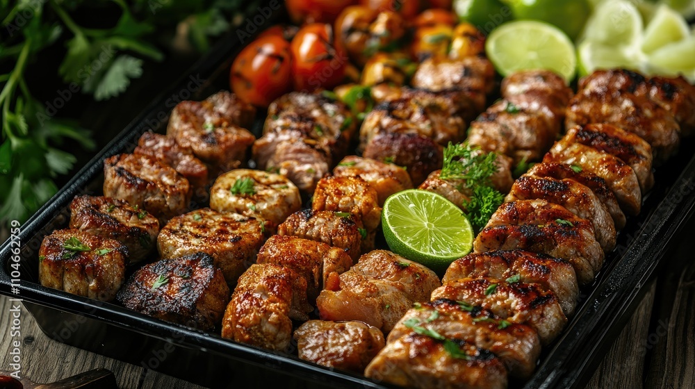 A black tray filled with seasoned meats and bright lime slices, offering a savory, fresh display. A black tray filled with seasoned meats and bright lime slices, offering a savory, fresh display.